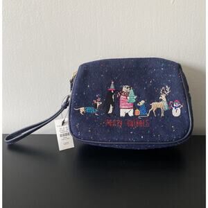 NWT Talbots Party Animals Navy Speckled Small Wristlet Christmas Embroidered Bag